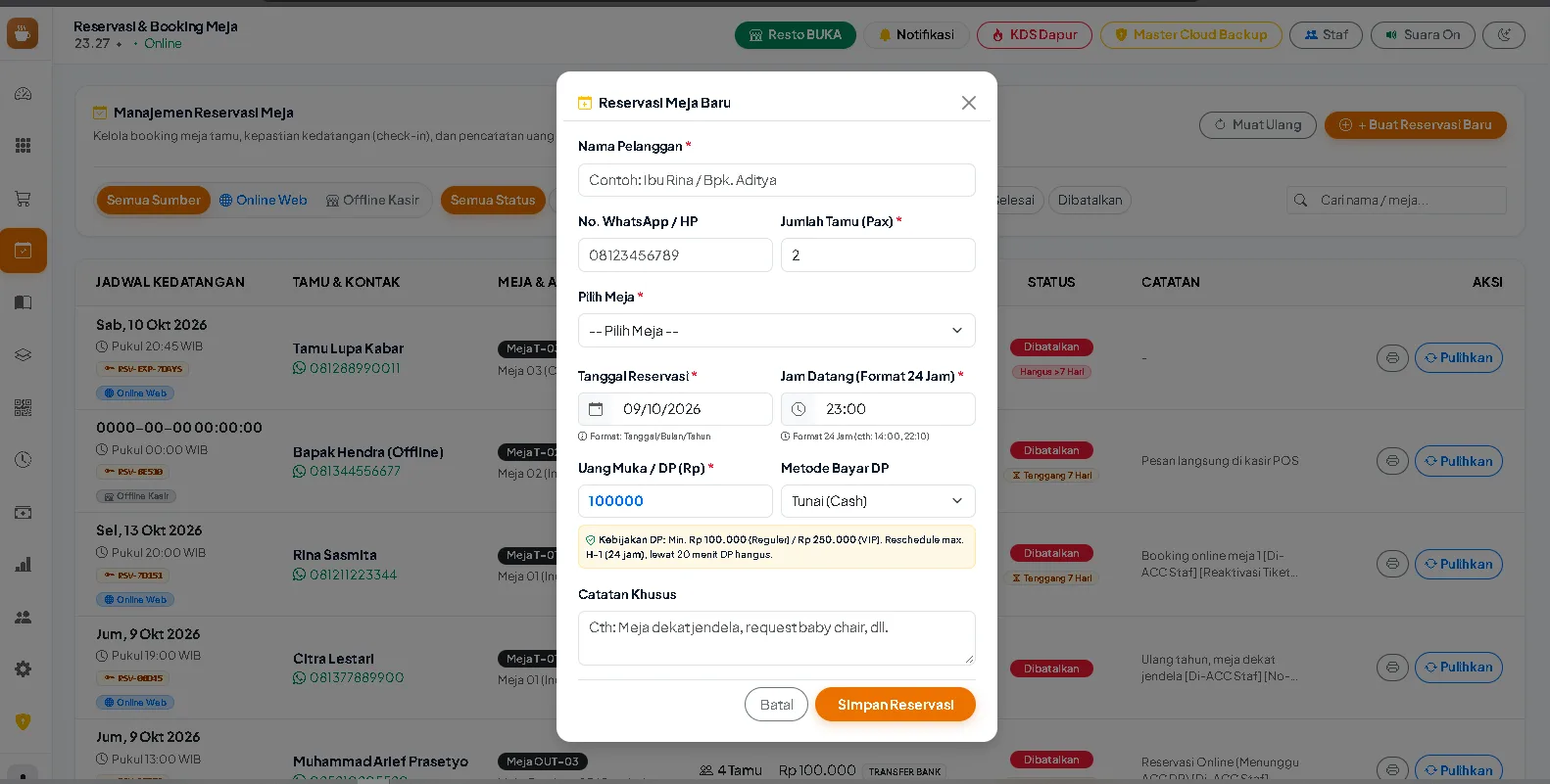 Reservasi Meja Dari Kasir (offline)